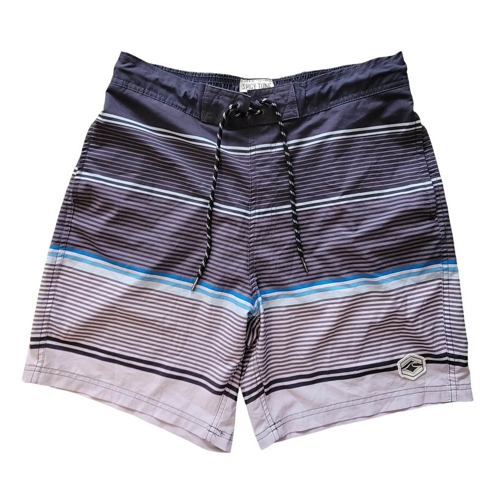 Spicy Tuna Board Shorts Mens Medium Purple Stripe Stretch Swim Trunks Drawstring